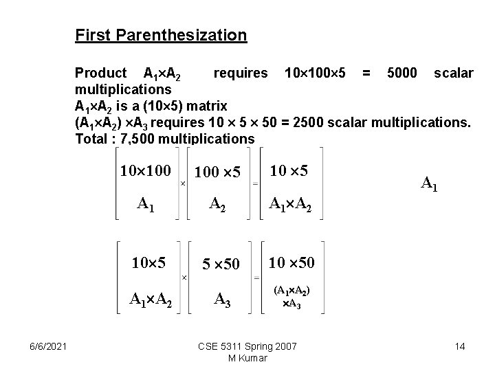 First Parenthesization Product A 1 A 2 requires 10 100 5 = 5000 scalar First Parenthesization Product A 1 A 2 requires 10 100 5 = 5000 scalar