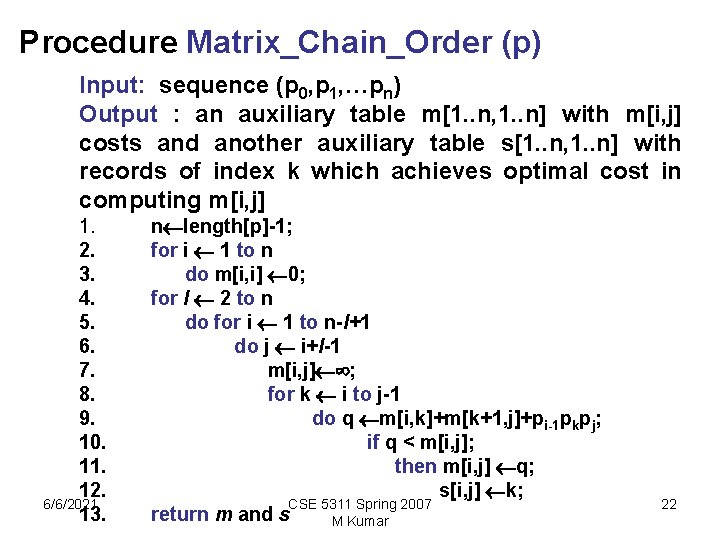 Procedure Matrix_Chain_Order (p) Input: sequence (p 0, p 1, …pn) Output : an auxiliary Procedure Matrix_Chain_Order (p) Input: sequence (p 0, p 1, …pn) Output : an auxiliary