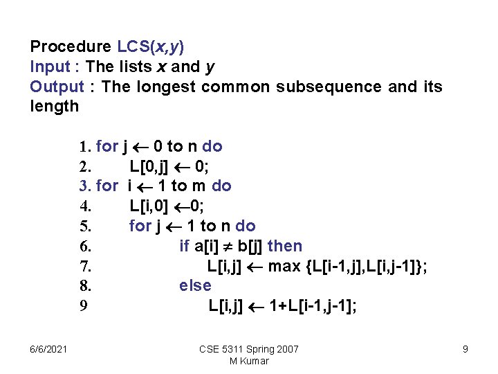Procedure LCS(x, y) Input : The lists x and y Output : The longest Procedure LCS(x, y) Input : The lists x and y Output : The longest