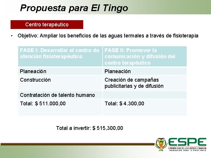 Propuesta para El Tingo Centro terapéutico • Objetivo: Ampliar los beneficios de las aguas