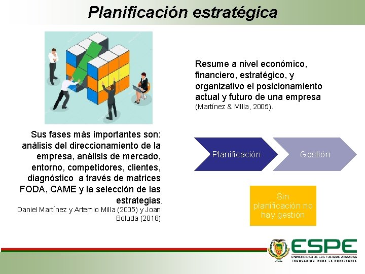 Planificación estratégica Resume a nivel económico, financiero, estratégico, y organizativo el posicionamiento actual y