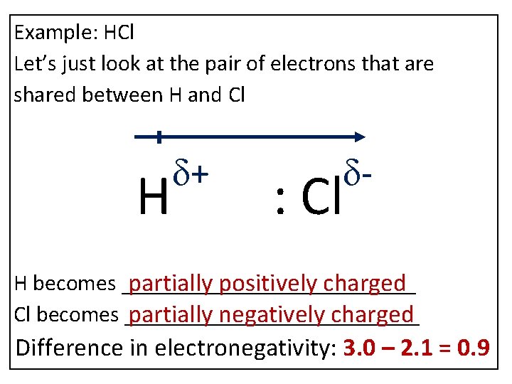 Example: HCl Let’s just look at the pair of electrons that are shared between