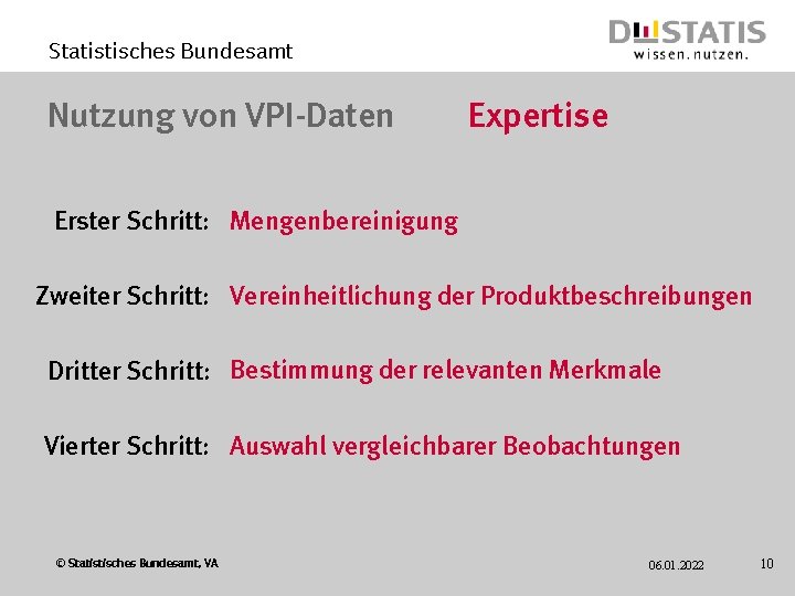 Statistisches Bundesamt Nutzung von VPI-Daten Expertise Erster Schritt: Mengenbereinigung Zweiter Schritt: Vereinheitlichung der Produktbeschreibungen