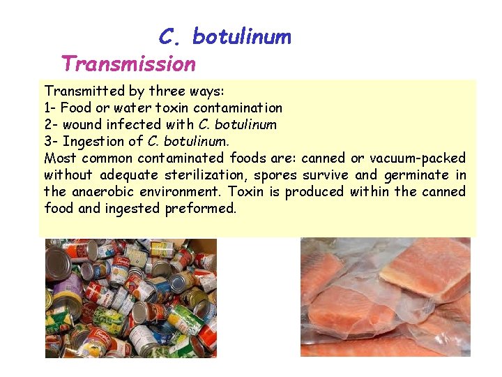 C. botulinum Transmission Transmitted by three ways: 1 - Food or water toxin contamination