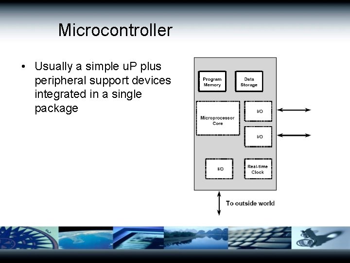 Microcontroller • Usually a simple u. P plus peripheral support devices integrated in a