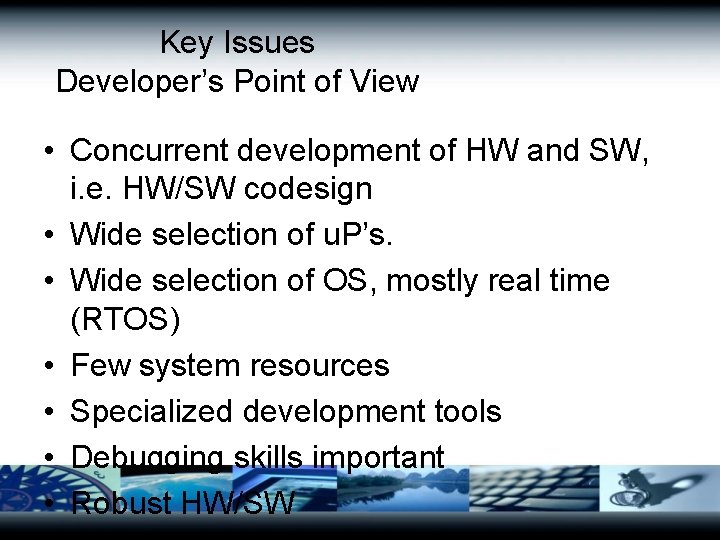 Key Issues Developer’s Point of View • Concurrent development of HW and SW, i.