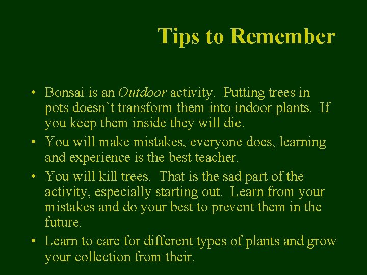 Tips to Remember • Bonsai is an Outdoor activity. Putting trees in pots doesn’t