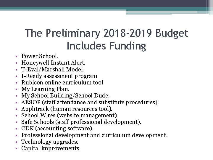 The Preliminary 2018 -2019 Budget Includes Funding • • • • Power School. Honeywell
