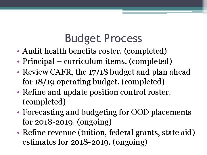 Budget Process • Audit health benefits roster. (completed) • Principal – curriculum items. (completed)