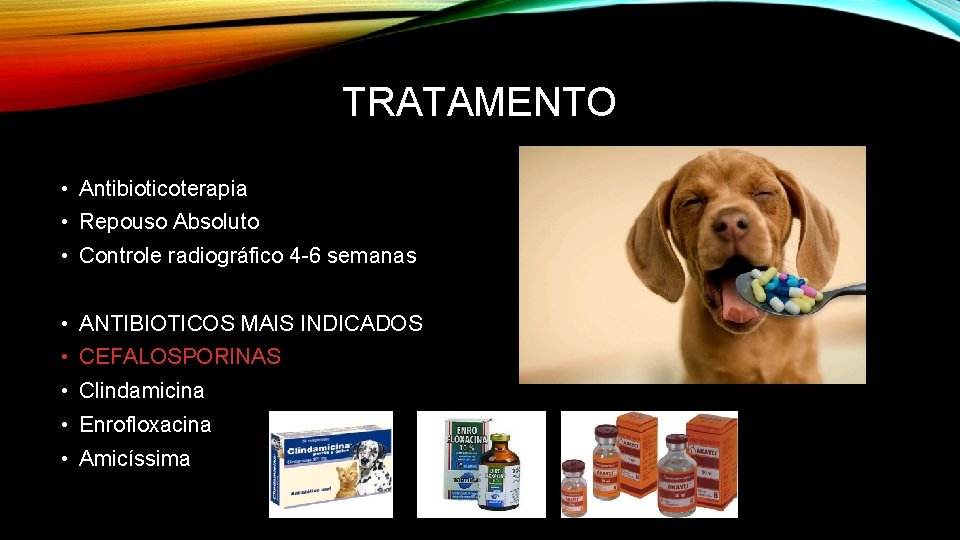 TRATAMENTO • Antibioticoterapia • Repouso Absoluto • Controle radiográfico 4 -6 semanas • ANTIBIOTICOS