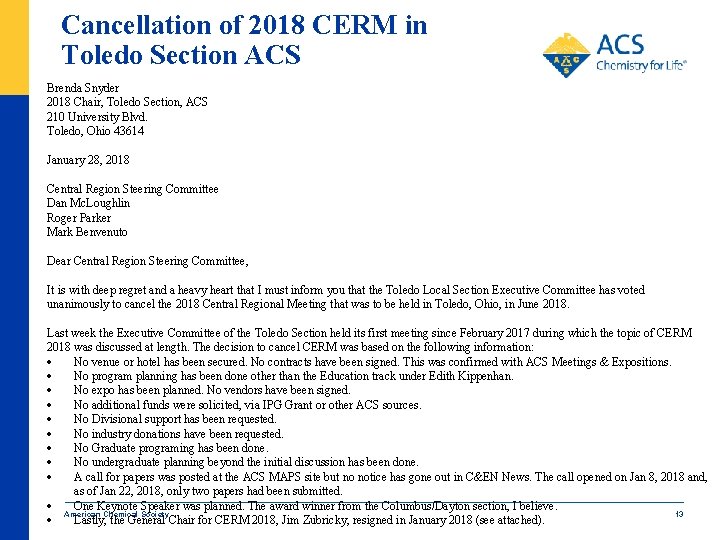 Cancellation of 2018 CERM in Toledo Section ACS Brenda Snyder 2018 Chair, Toledo Section,