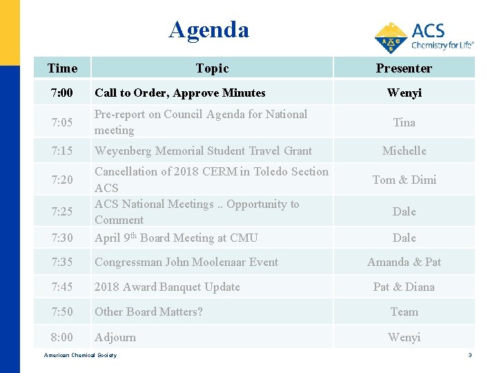 Agenda Time Topic Presenter 7: 00 Call to Order, Approve Minutes Wenyi 7: 05