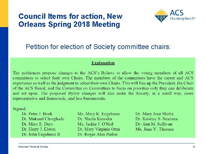 Council Items for action, New Orleans Spring 2018 Meeting Petition for election of Society