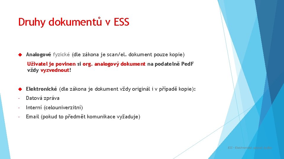 Druhy dokumentů v ESS Analogové fyzické (dle zákona je scan/el. dokument pouze kopie) Uživatel