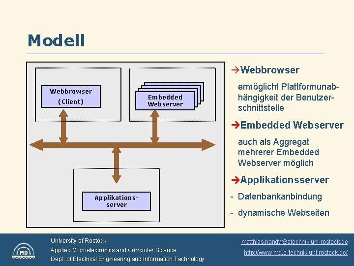 Modell Webbrowser Embedded Webserver (n) Embedded Webserver (2) Webserver Webbrowser (Client) ermöglicht Plattformunabhängigkeit der