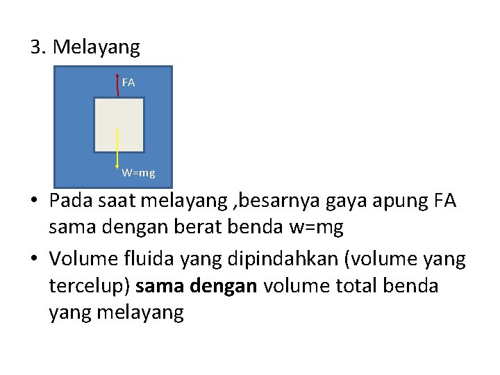 3. Melayang FA W=mg • Pada saat melayang , besarnya gaya apung FA sama