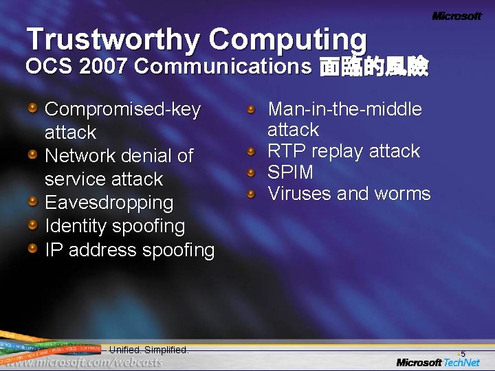 Trustworthy Computing OCS 2007 Communications 面臨的風險 Compromised-key attack Network denial of service attack Eavesdropping