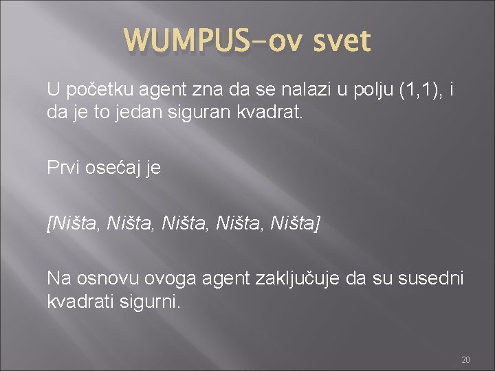 WUMPUS-ov svet U početku agent zna da se nalazi u polju (1, 1), i
