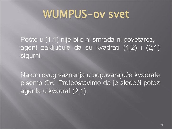 WUMPUS-ov svet Pošto u (1, 1) nije bilo ni smrada ni povetarca, agent zaključuje