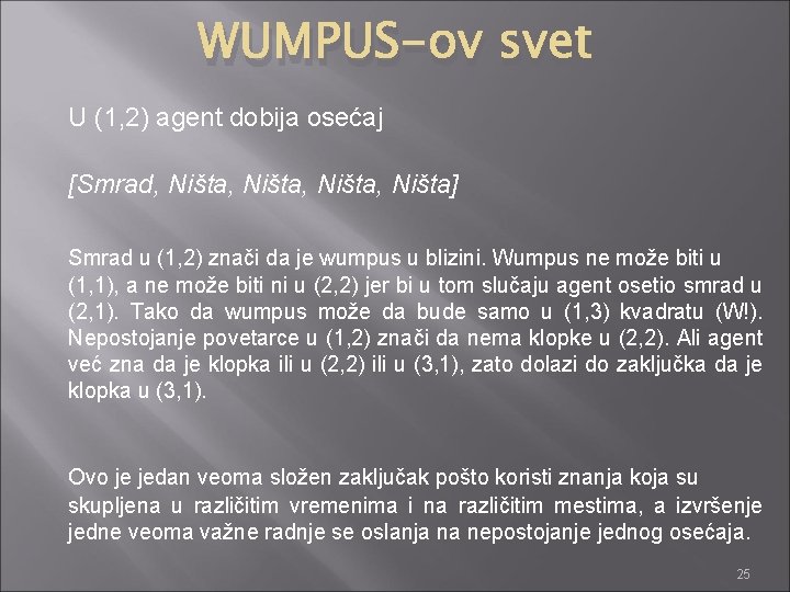 WUMPUS-ov svet U (1, 2) agent dobija osećaj [Smrad, Ništa, Ništa] Smrad u (1,