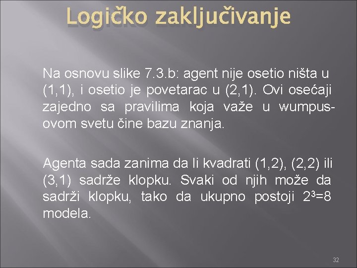 Logičko zaključivanje Na osnovu slike 7. 3. b: agent nije osetio ništa u (1,