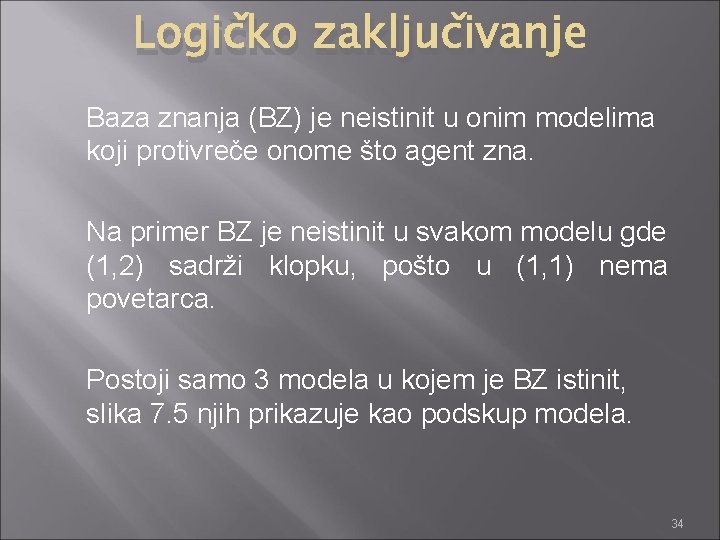 Logičko zaključivanje Baza znanja (BZ) je neistinit u onim modelima koji protivreče onome što