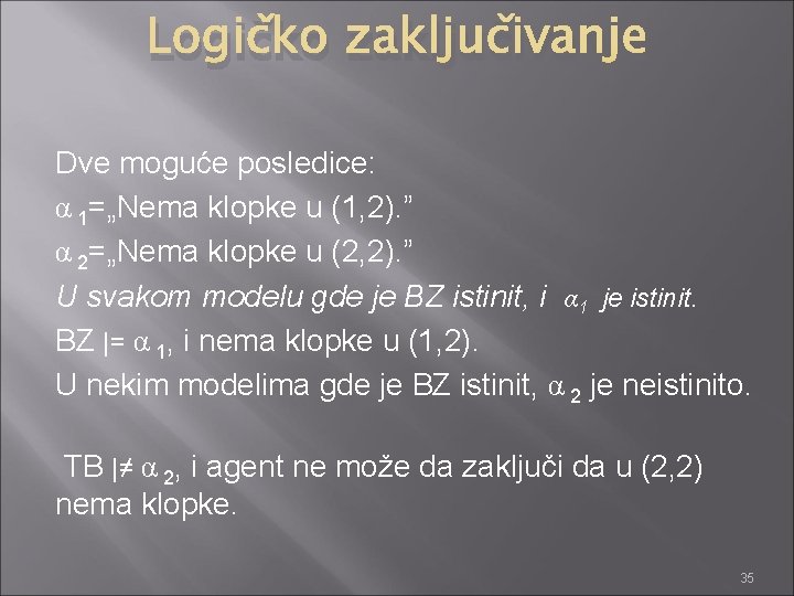 Logičko zaključivanje Dve moguće posledice: α 1=„Nema klopke u (1, 2). ” α 2=„Nema