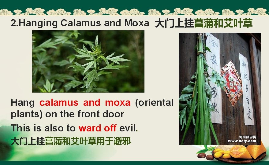 2. Hanging Calamus and Moxa 大门上挂菖蒲和艾叶草 Hang calamus and moxa (oriental plants) on the