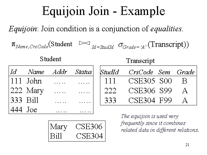 Equijoin Join - Example Equijoin: Equijoin Join condition is a conjunction of equalities. Name,