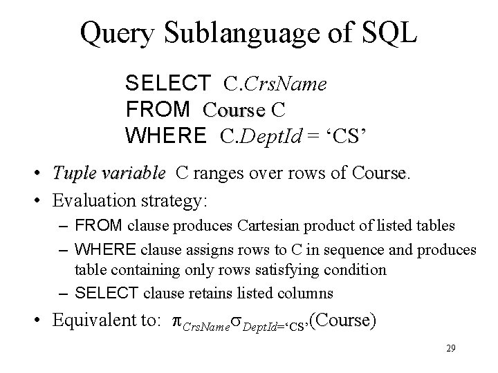 Query Sublanguage of SQL SELECT C. Crs. Name FROM Course C WHERE C. Dept.