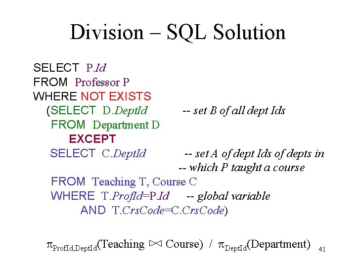 Division – SQL Solution SELECT P. Id FROM Professor P WHERE NOT EXISTS (SELECT