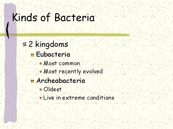 Kinds of Bacteria 2 kingdoms Eubacteria Most common Most recently evolved Archeabacteria Oldest Live