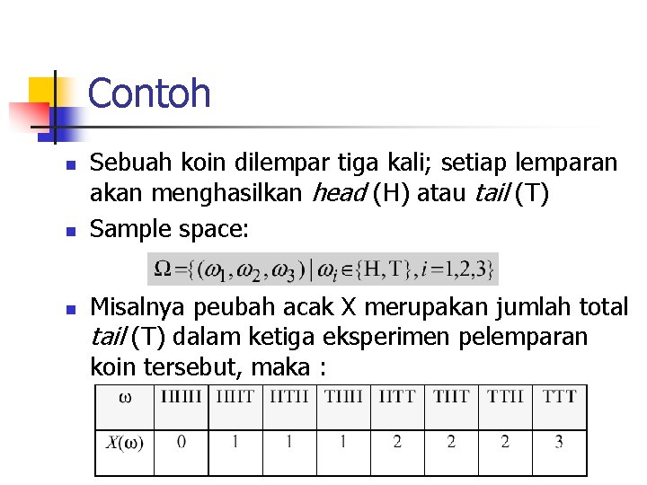 Contoh n n n Sebuah koin dilempar tiga kali; setiap lemparan akan menghasilkan head