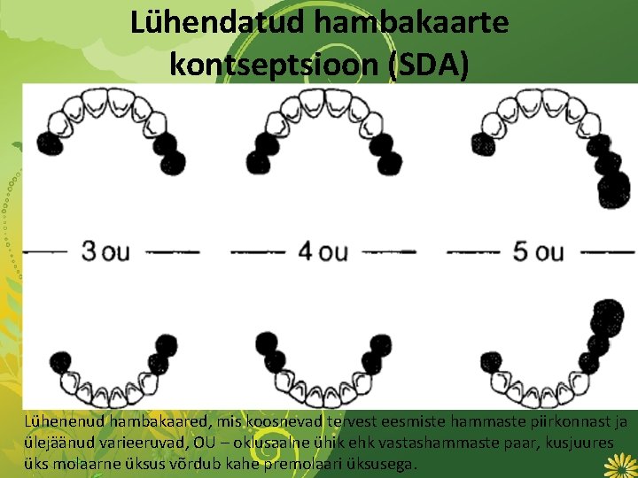 Lühendatud hambakaarte kontseptsioon (SDA) Lühenenud hambakaared, mis koosnevad tervest eesmiste hammaste piirkonnast ja ülejäänud