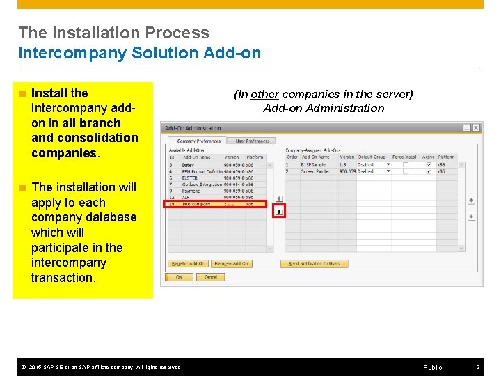The Installation Process Intercompany Solution Add-on n Install the Intercompany addon in all branch