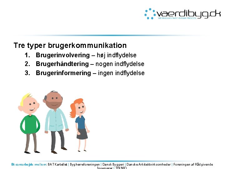 Tre typer brugerkommunikation 1. Brugerinvolvering – høj indflydelse 2. Brugerhåndtering – nogen indflydelse 3.