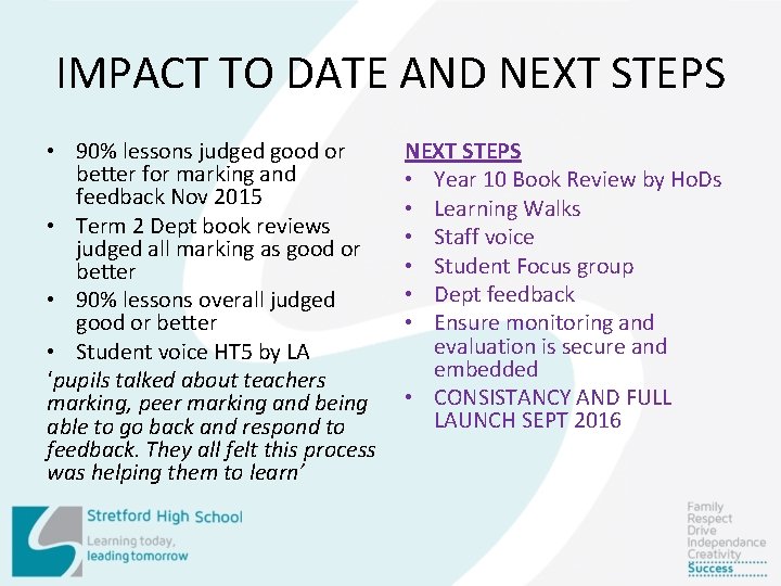 IMPACT TO DATE AND NEXT STEPS • 90% lessons judged good or better for