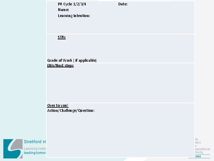 PR Cycle 1/2/3/4 Name: Learning Intention: STRs Grade of Work ( if applicable) EBIs/Next