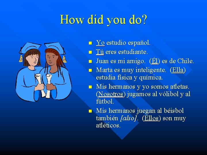 How did you do? n n n Yo estudio español. Tú eres estudiante. Juan