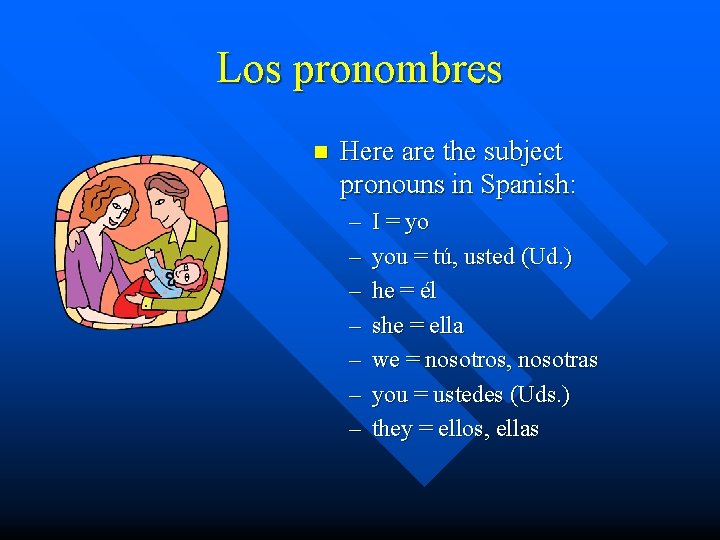 Los pronombres n Here are the subject pronouns in Spanish: – – – –