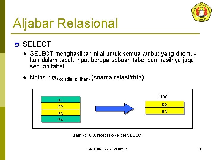 Aljabar Relasional ¿ SELECT ¨ SELECT menghasilkan nilai untuk semua atribut yang ditemukan dalam