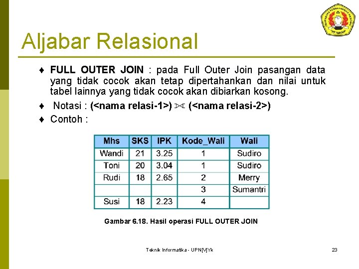 Aljabar Relasional ¨ FULL OUTER JOIN : pada Full Outer Join pasangan data yang