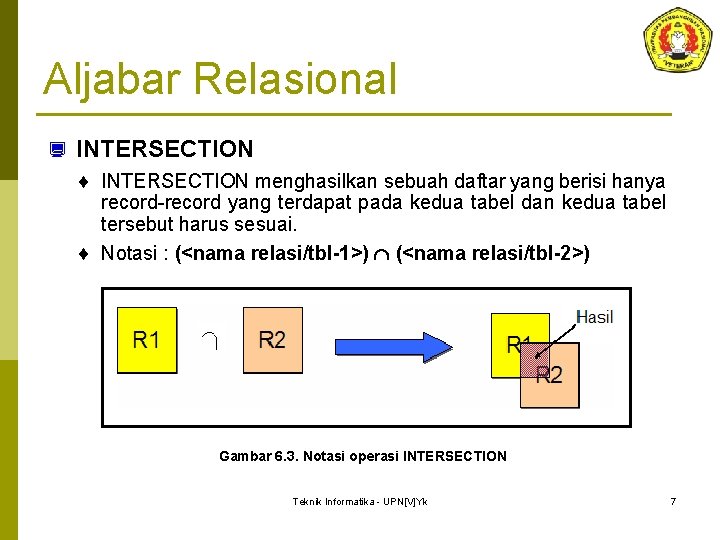 Aljabar Relasional ¿ INTERSECTION ¨ INTERSECTION menghasilkan sebuah daftar yang berisi hanya record-record yang