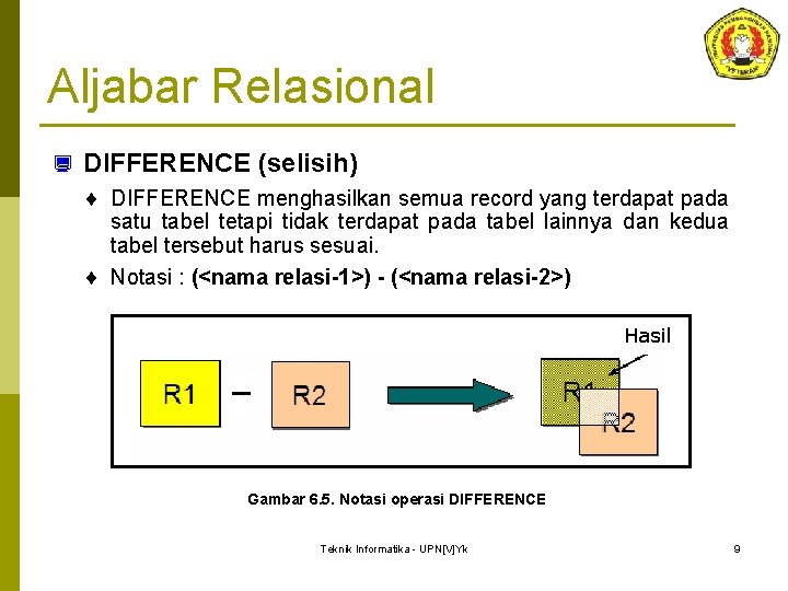 Aljabar Relasional ¿ DIFFERENCE (selisih) ¨ DIFFERENCE menghasilkan semua record yang terdapat pada satu