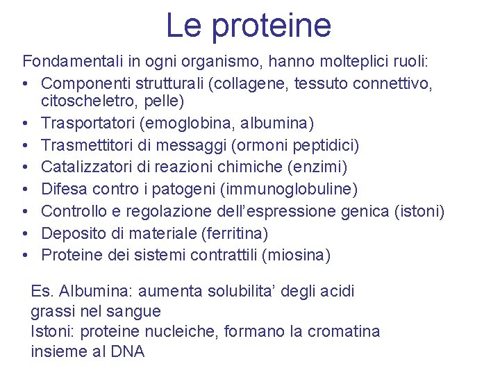 Le proteine Fondamentali in ogni organismo, hanno molteplici ruoli: • Componenti strutturali (collagene, tessuto