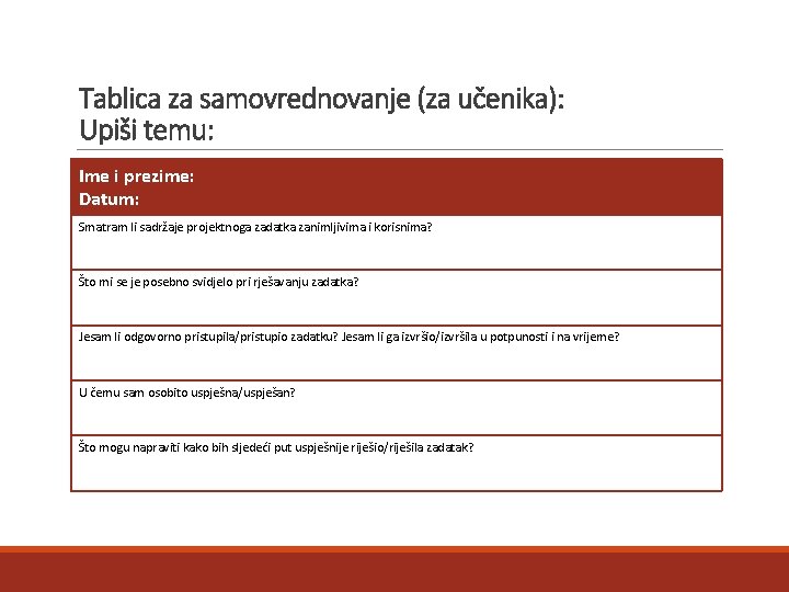 Tablica za samovrednovanje (za učenika): Upiši temu: Ime i prezime: Datum: Smatram li sadržaje