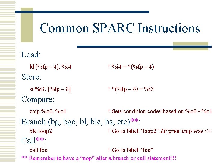 Common SPARC Instructions Load: ld [%fp – 4], %i 4 ! %i 4 =