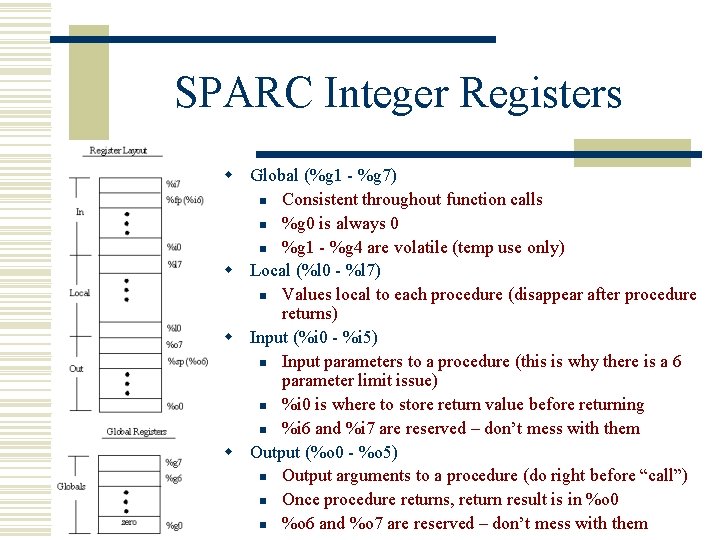 SPARC Integer Registers w Global (%g 1 - %g 7) n Consistent throughout function