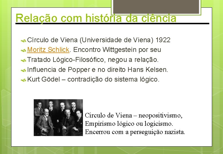 Relação com história da ciência Círculo de Viena (Universidade de Viena) 1922 Moritz Schlick.