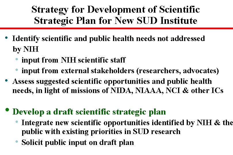 Strategy for Development of Scientific Strategic Plan for New SUD Institute • Identify scientific
